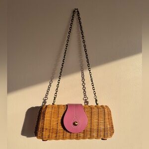 Savoy Wicker Basket Brass Chain Link Shoulder Purse with Pink Leather Snap Flap